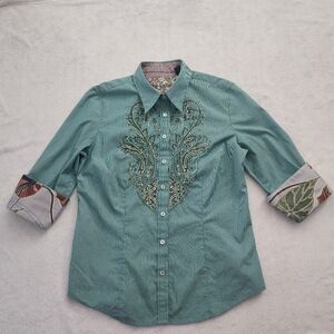ROBERT GRAHAM Women's Teal Green 3/4 Sleeve Pin Stripe Button Down Shirt Large